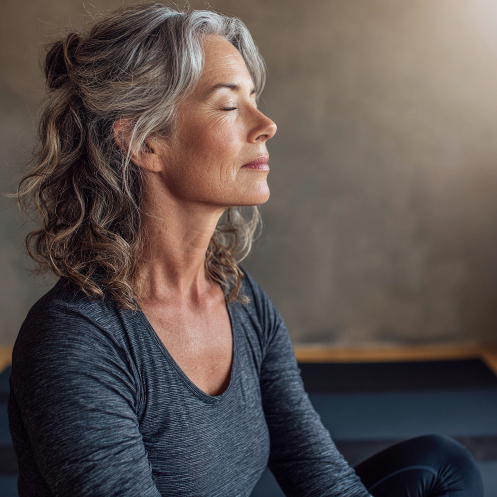 mature woman practicing gentle yoga poses in peaceful studio environment