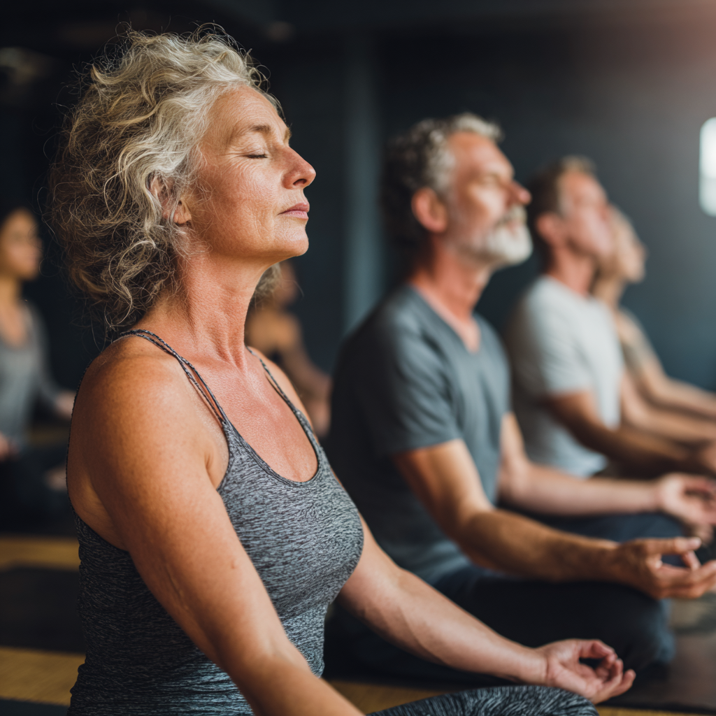 middle-aged people in meditation pose during peaceful yoga session